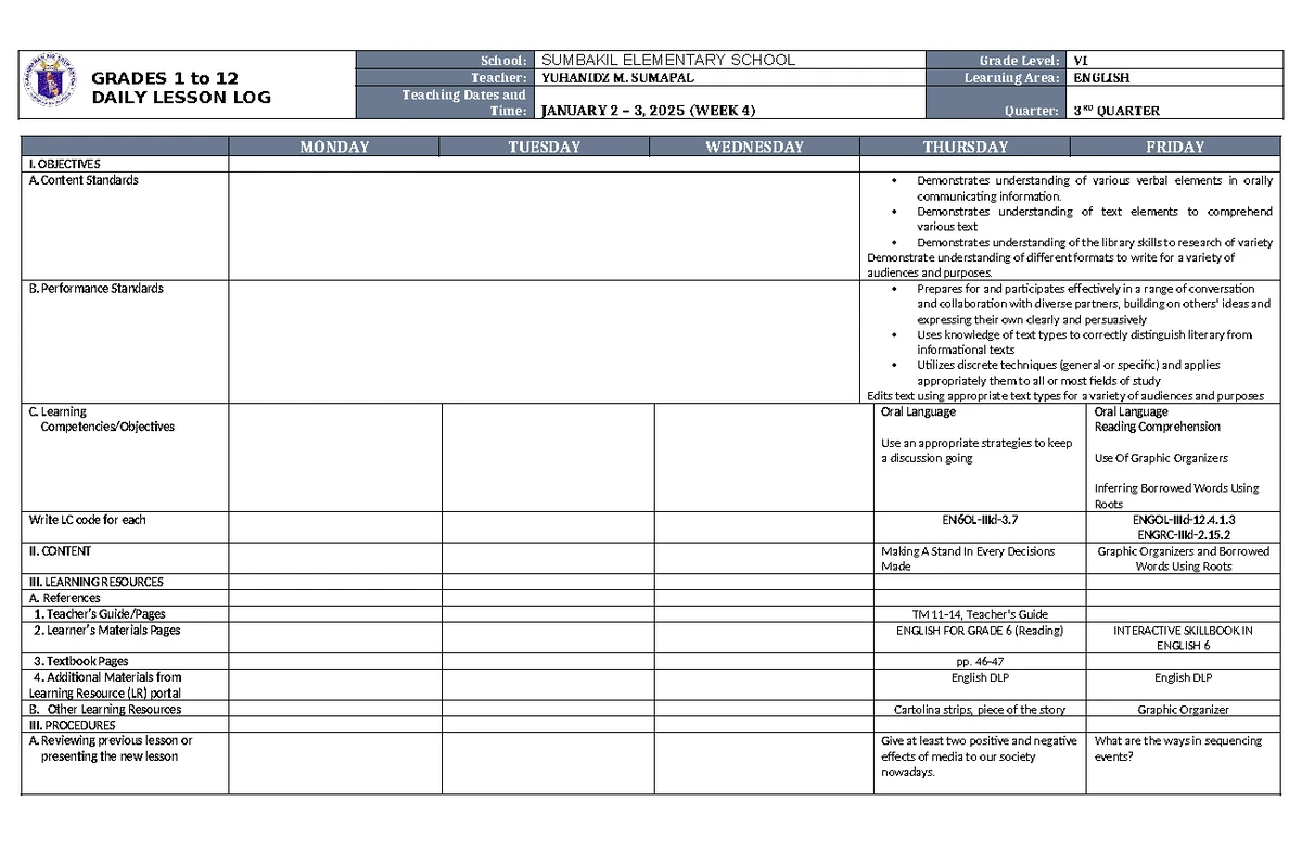 DLL English 6 Q3 W5: Daily Lesson Log for Editorial Writing - Studocu