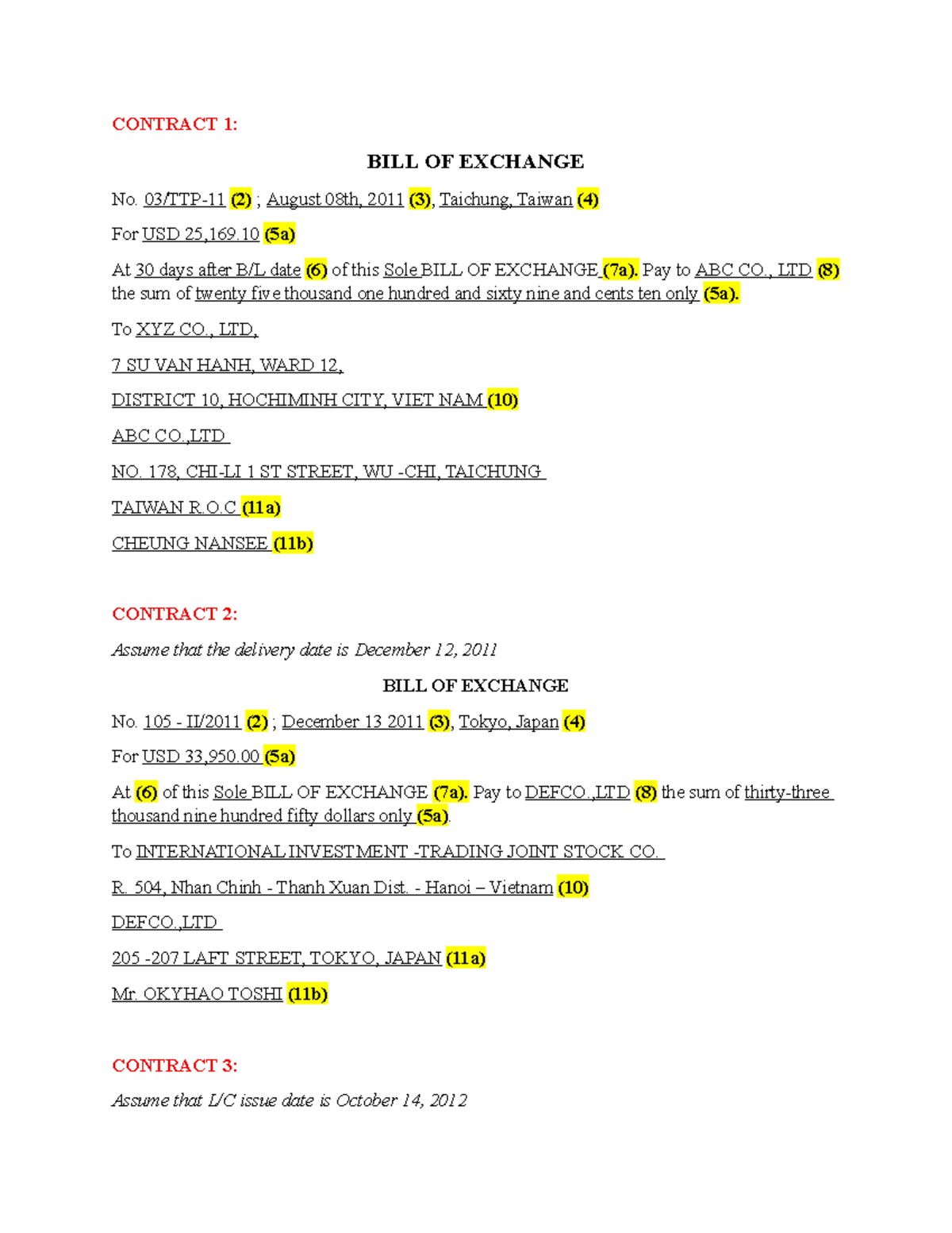 Bill of Exchange Contracts 1, 2, and 3 Overview - Studocu