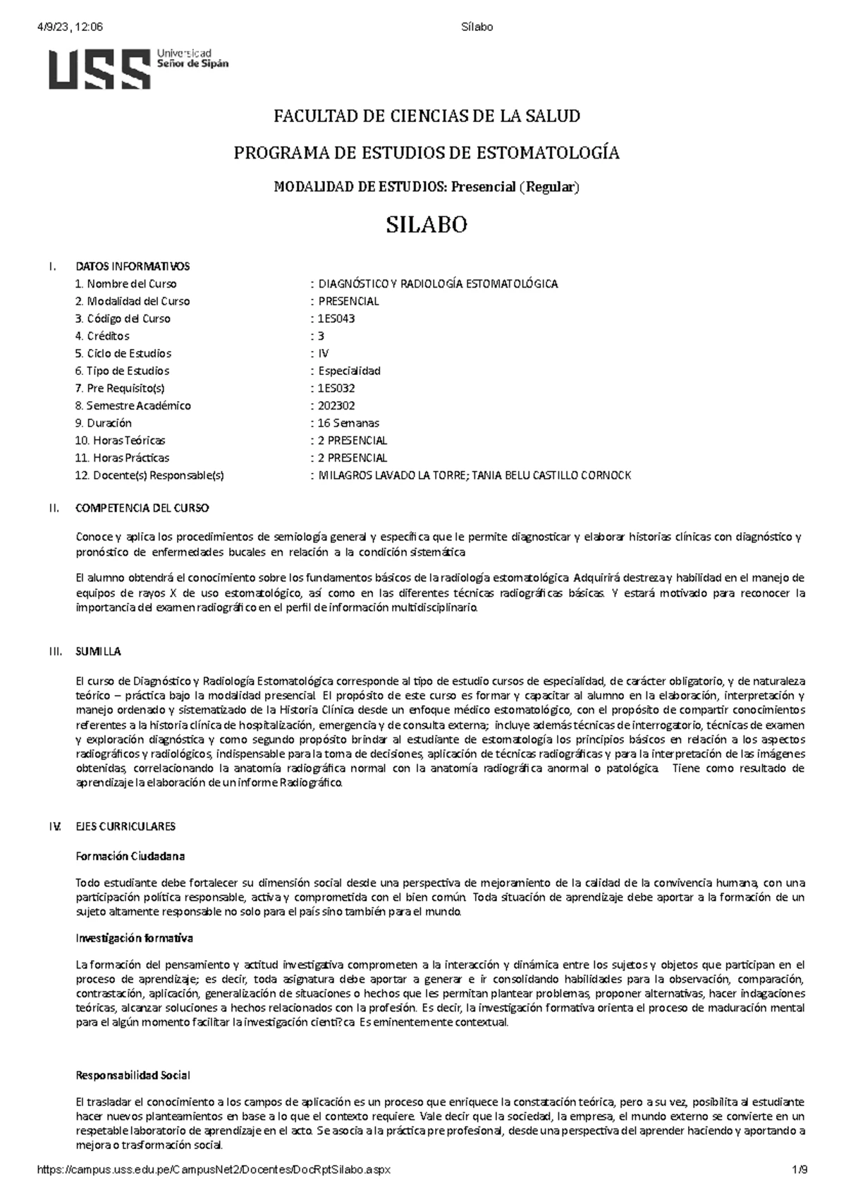 Sílabo del Curso Periodoncia I - 1ES - USS - 2023 II - Studocu