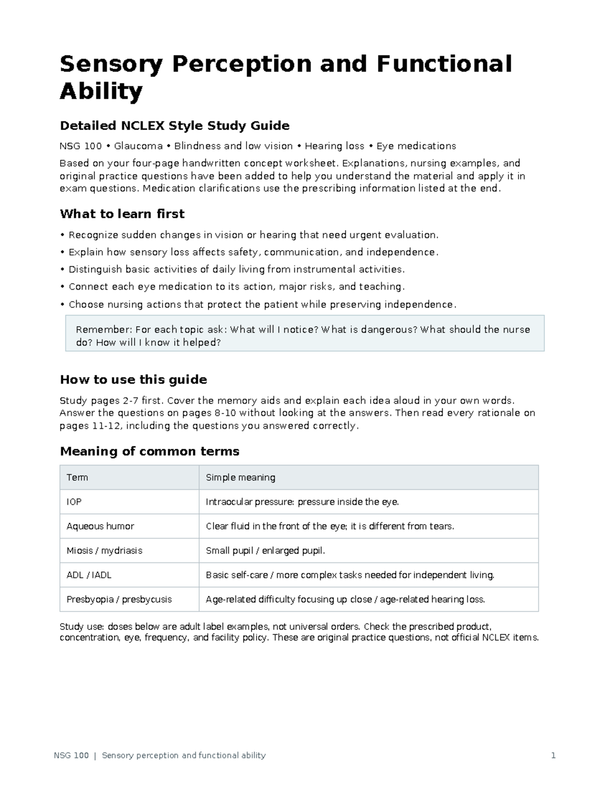 NSG 100 Sensory Perception & Functional Ability NCLEX Study Guide - Studocu