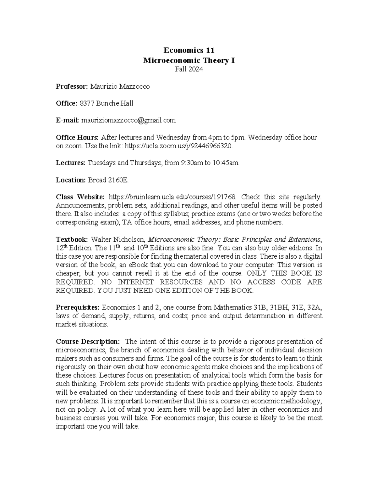 Economics 11: Microeconomic Theory I Syllabus for Fall 2024 - Studocu