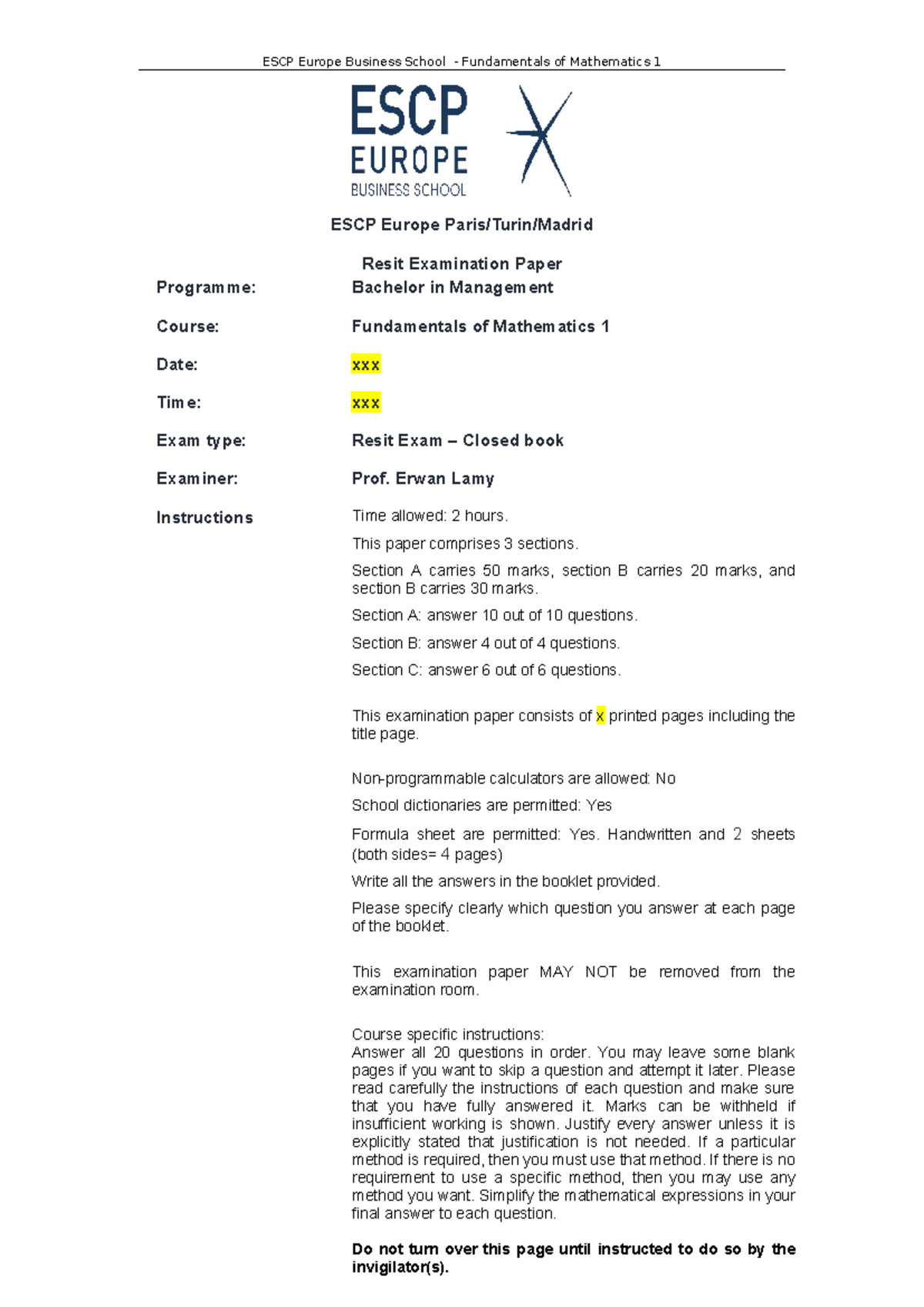 2020 Resit Exam - Math - Answers - ESCP Europe Paris/Turin/Madrid Resit ...