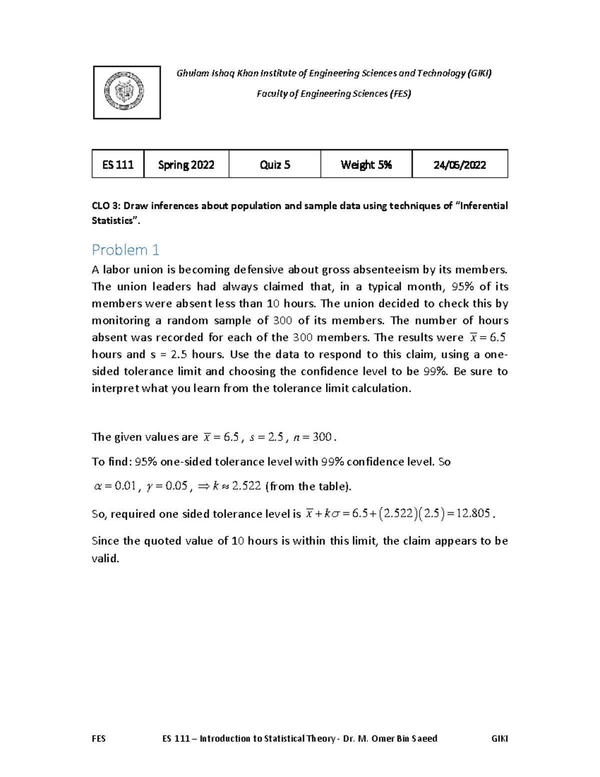 FES ES 111 - Quiz 3 Solutions - Introduction to Statistical Theory ...