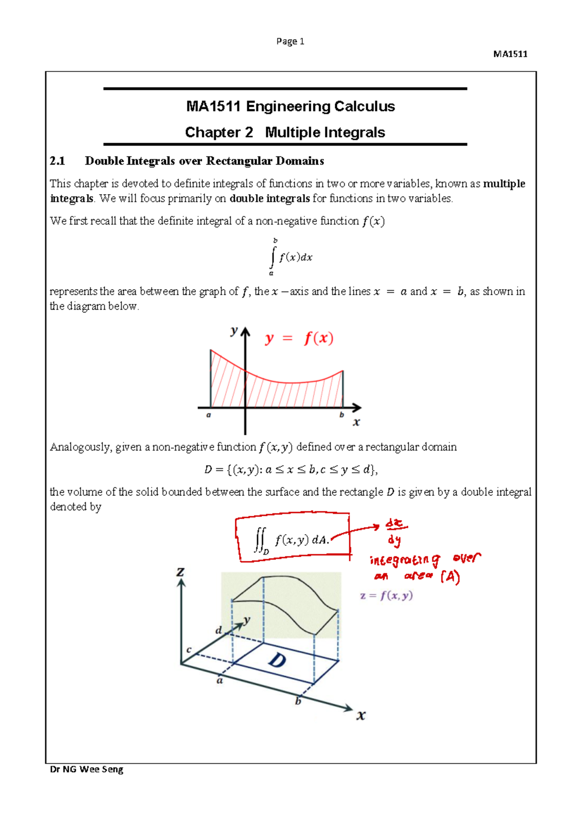MA1511 Engineering Calculus: Chapter 2 - Double Integrals Overview ...