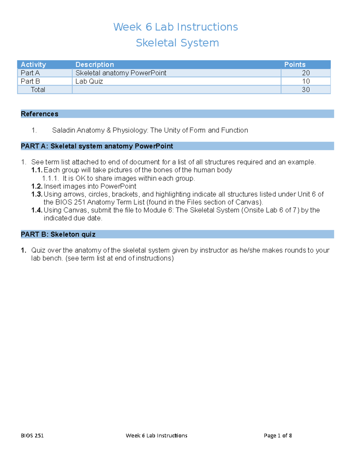 BIOS 251 Week 6 Lab: Skeletal System Anatomy Instructions and Quiz ...