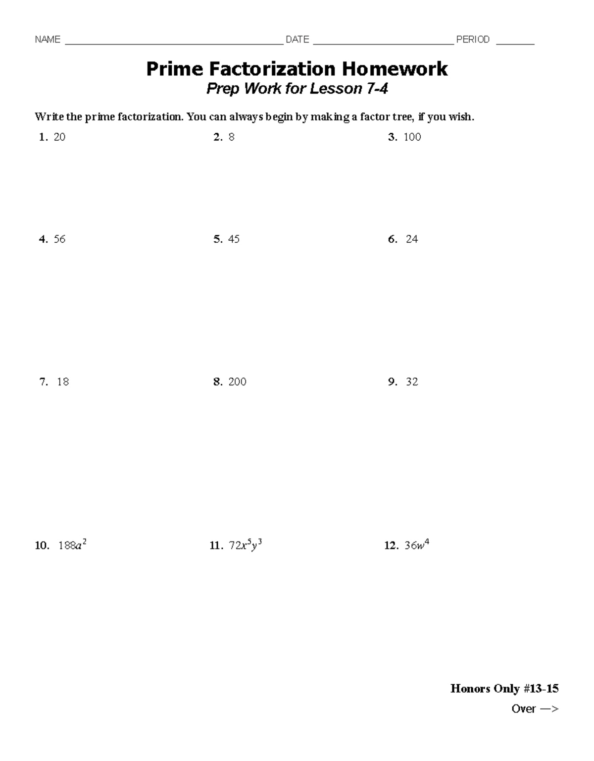 7-4 Prep Prime Factorization HW 24-25 - STS 4120 - NAME - Studocu