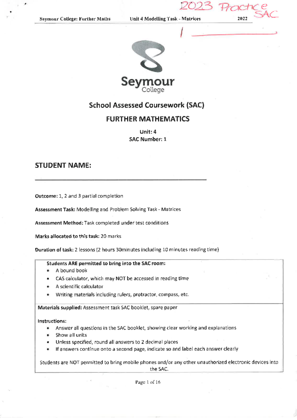 Further Maths Unit 4: 2023 Matrices Modelling Task SAC Guide - Studocu