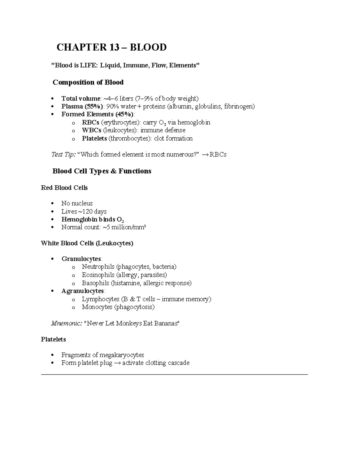 CHAPTER 13: BLOOD - Composition, Functions, and Disorders Overview ...