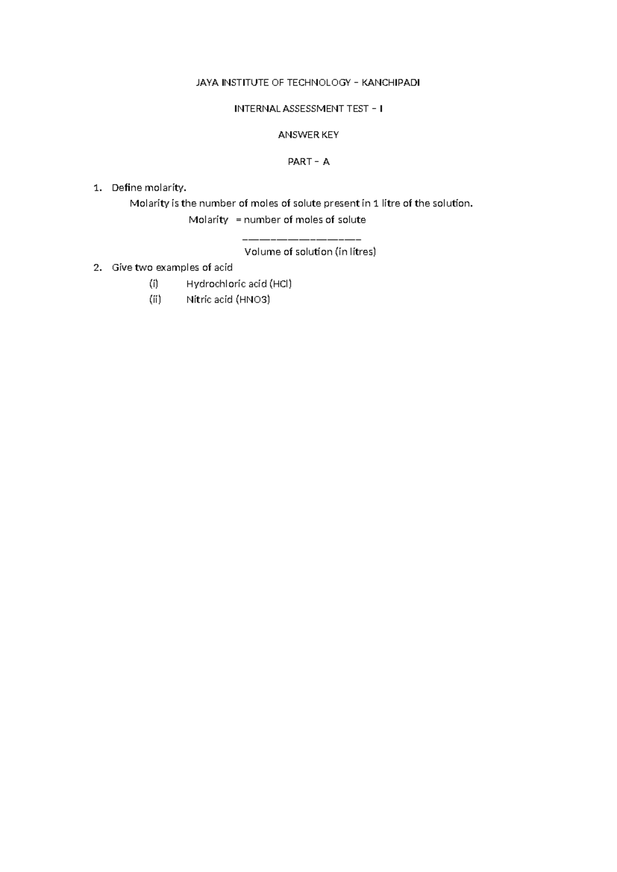 CAT-I answer key - thanks for exchanging - Computer science - JAYA ...
