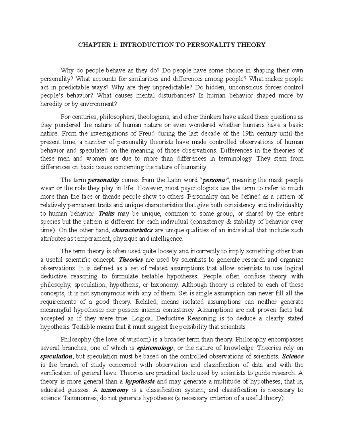 Chapter 1 Intro TO Personality Theory - CHAPTER 1: INTRODUCTION TO ...