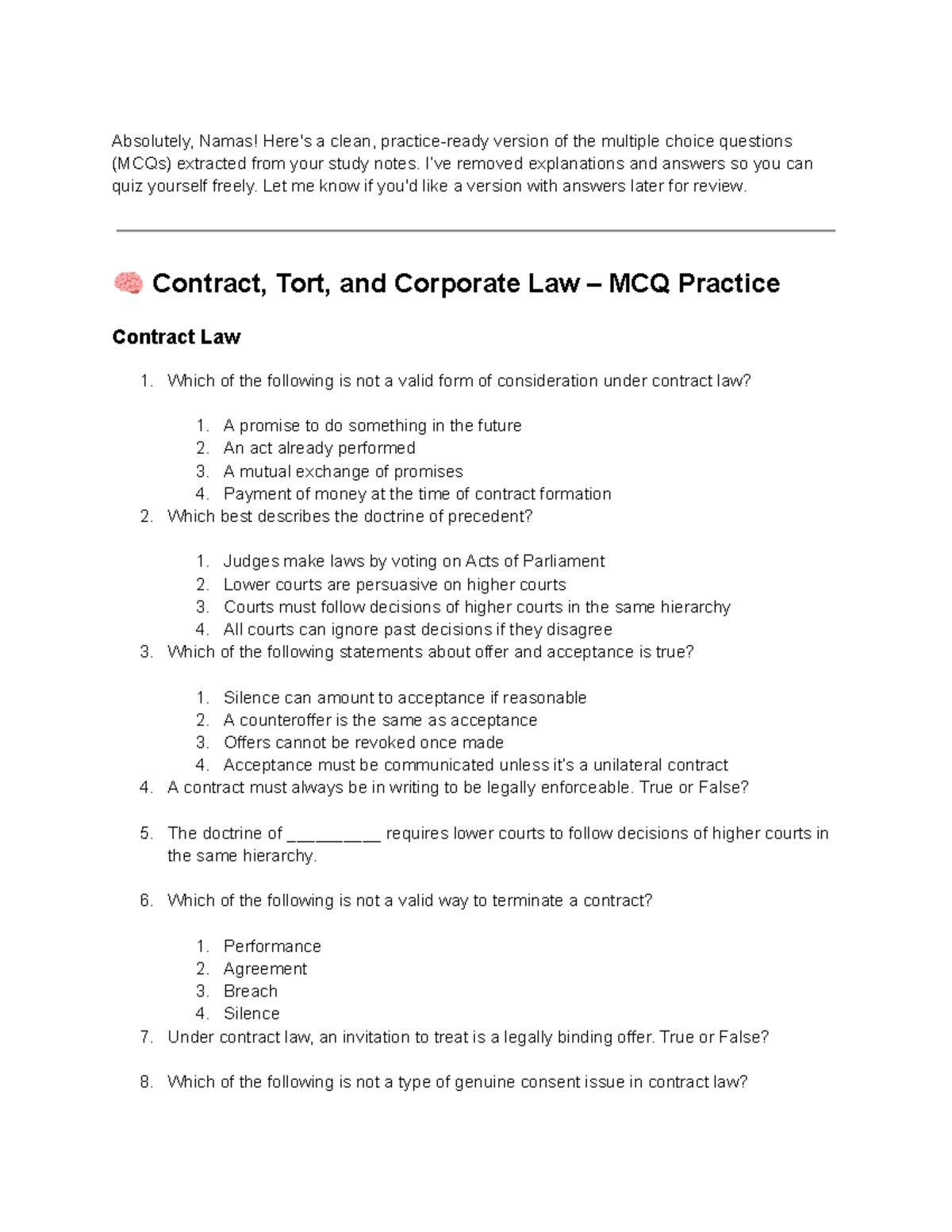 Contract, Tort, and Corporate Law MCQ Practice Notes - Studocu