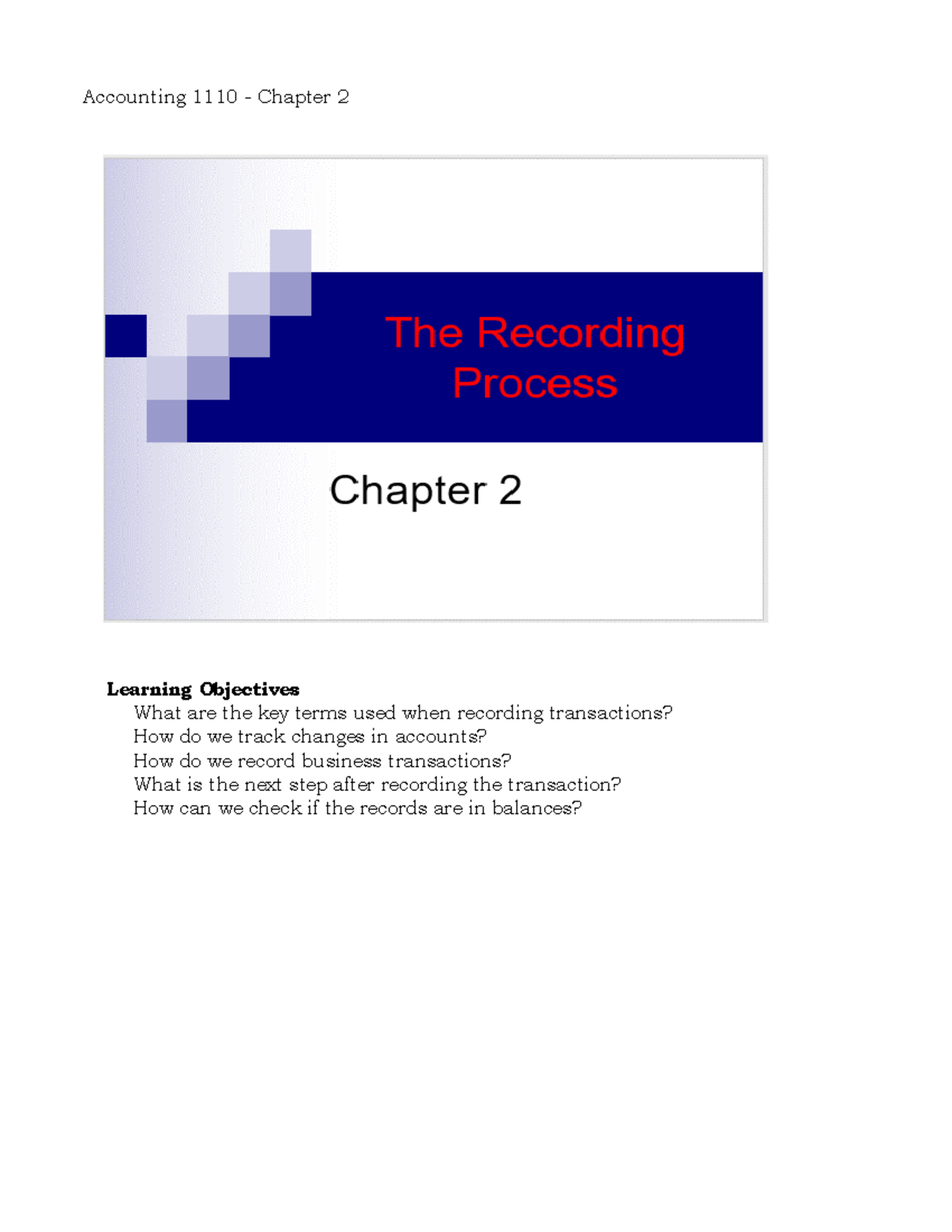Chapter 2 - Accounting 1110 - Chapter 2 Learning Objectives What are ...