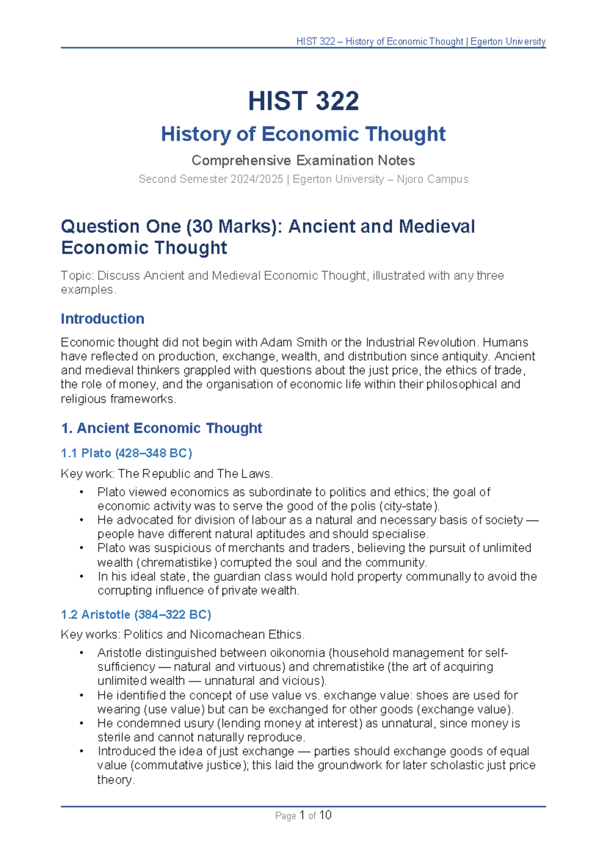 HIST 322 Comprehensive Exam Notes: Economic Thought Overview - Studocu
