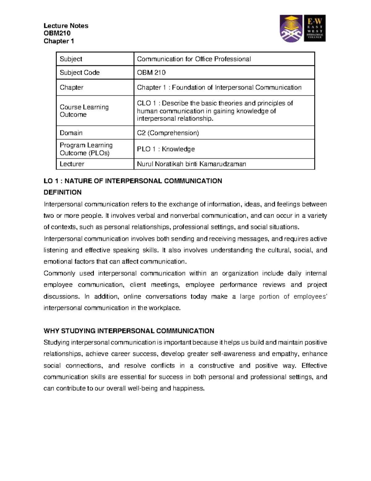 OBM210 Lecture Notes: Chapter 1 - Foundations of Interpersonal ...
