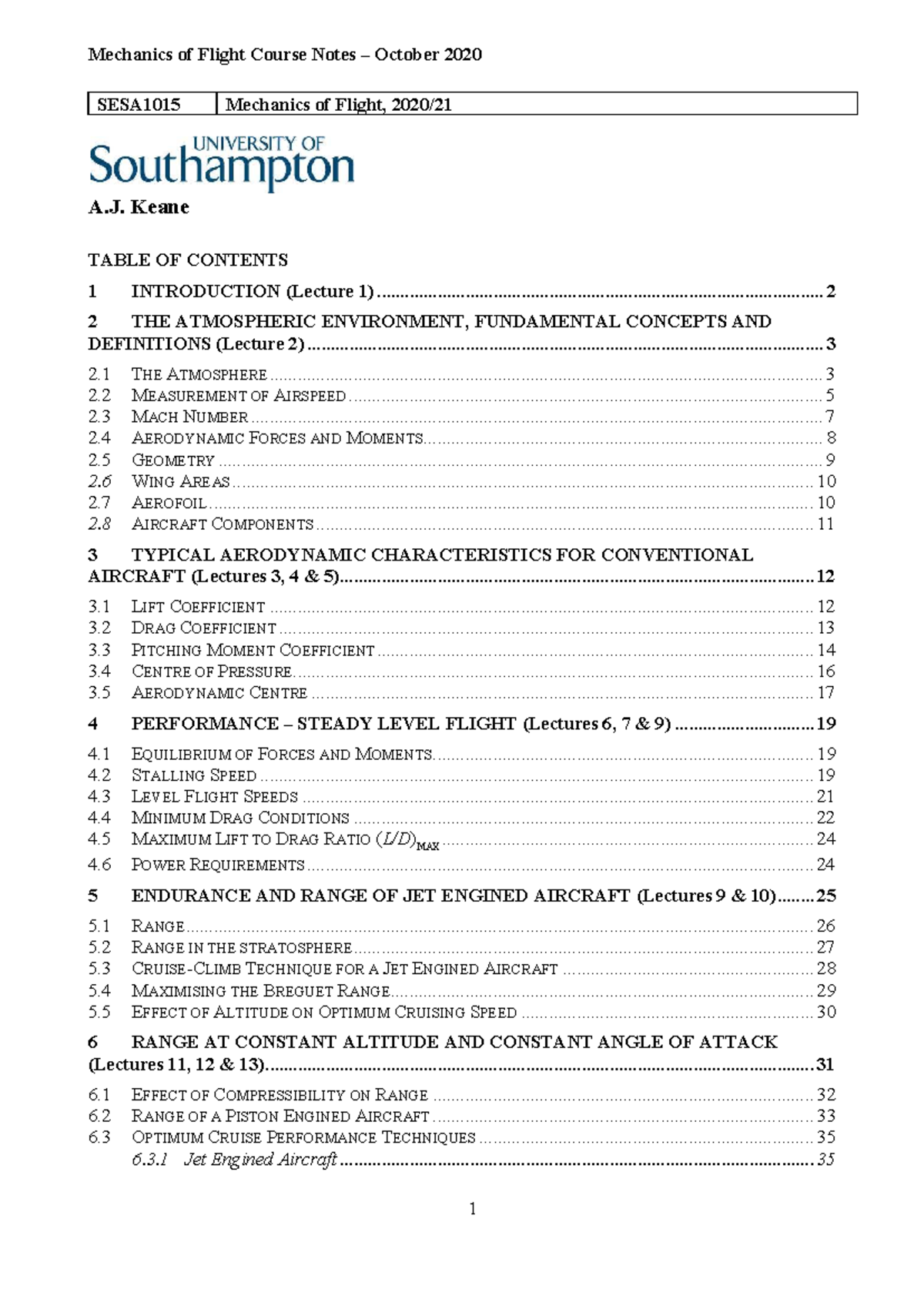 Mechanics of Flight Course Notes SESA1015 - Lecture Overview 2020 - Studocu