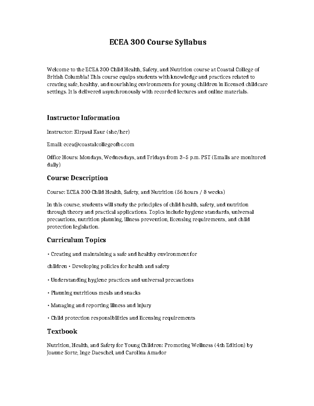 ECEA 300 Syllabus: Child Health, Safety, and Nutrition Overview - Studocu