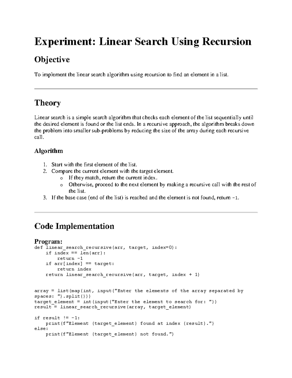 02. Linear Search - good doc - Experiment: Linear Search Using ...