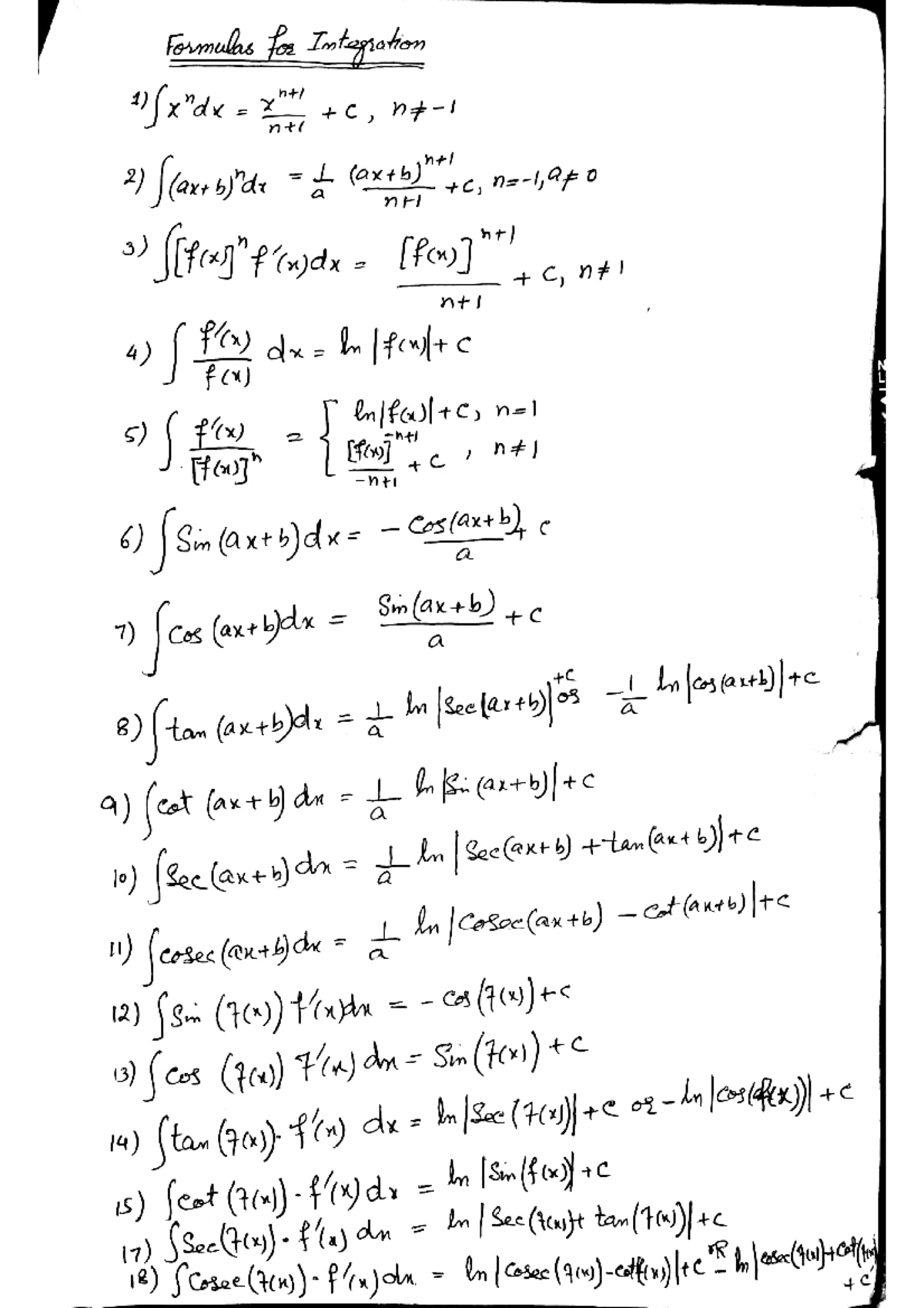 Integration Formulas and Fundamental Theorems - Formula Sheet - Studocu