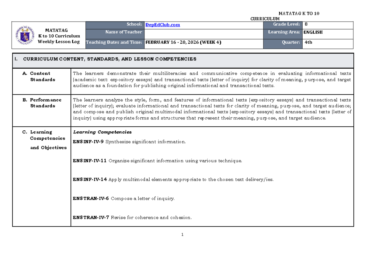 DTC DLL Matatag English 8 Weekly Lesson Log - Quarter 4, Week 4 - Studocu