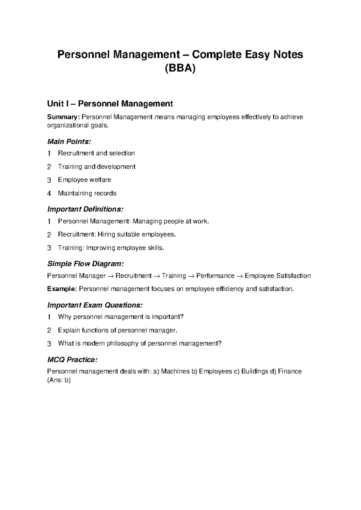 BBA Personnel Management Complete Notes: Units I-V Summary - Studocu