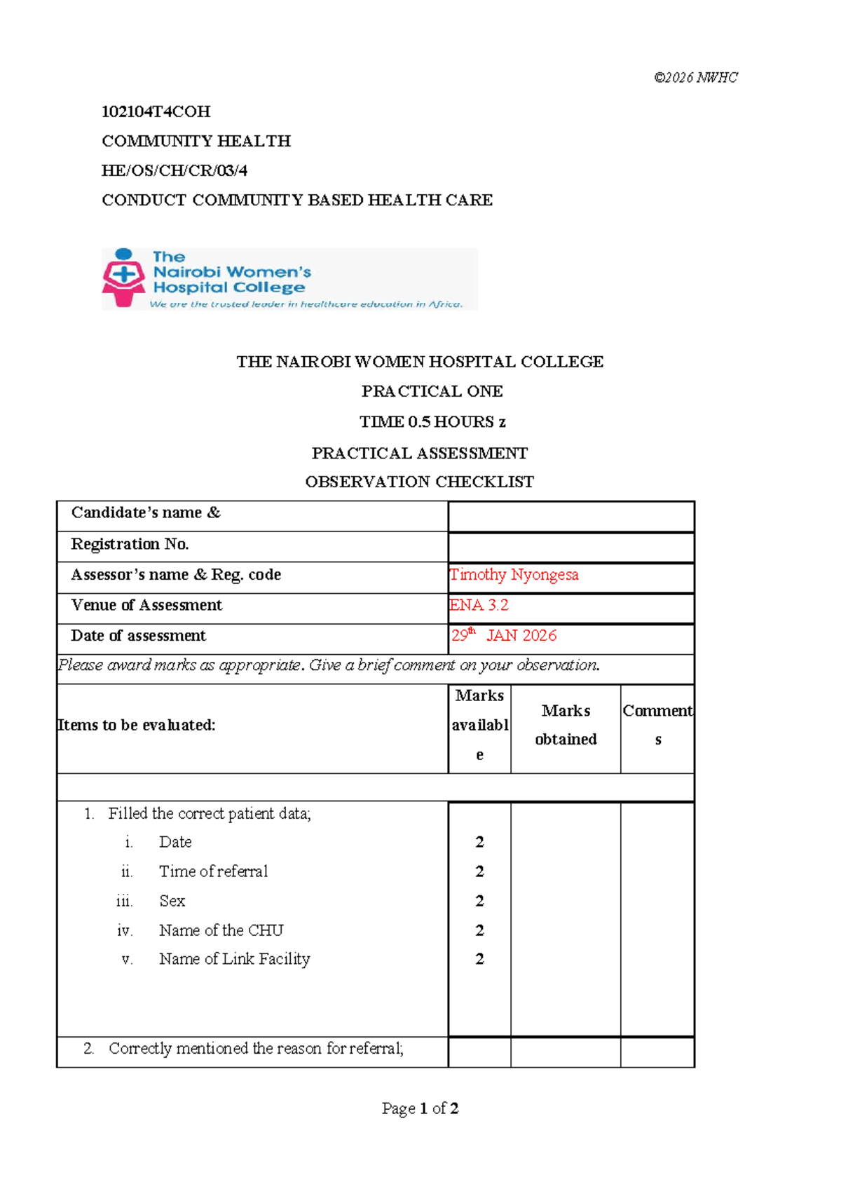 NWHC 102104T4COH Community Health Practical Assessment Checklist - Studocu