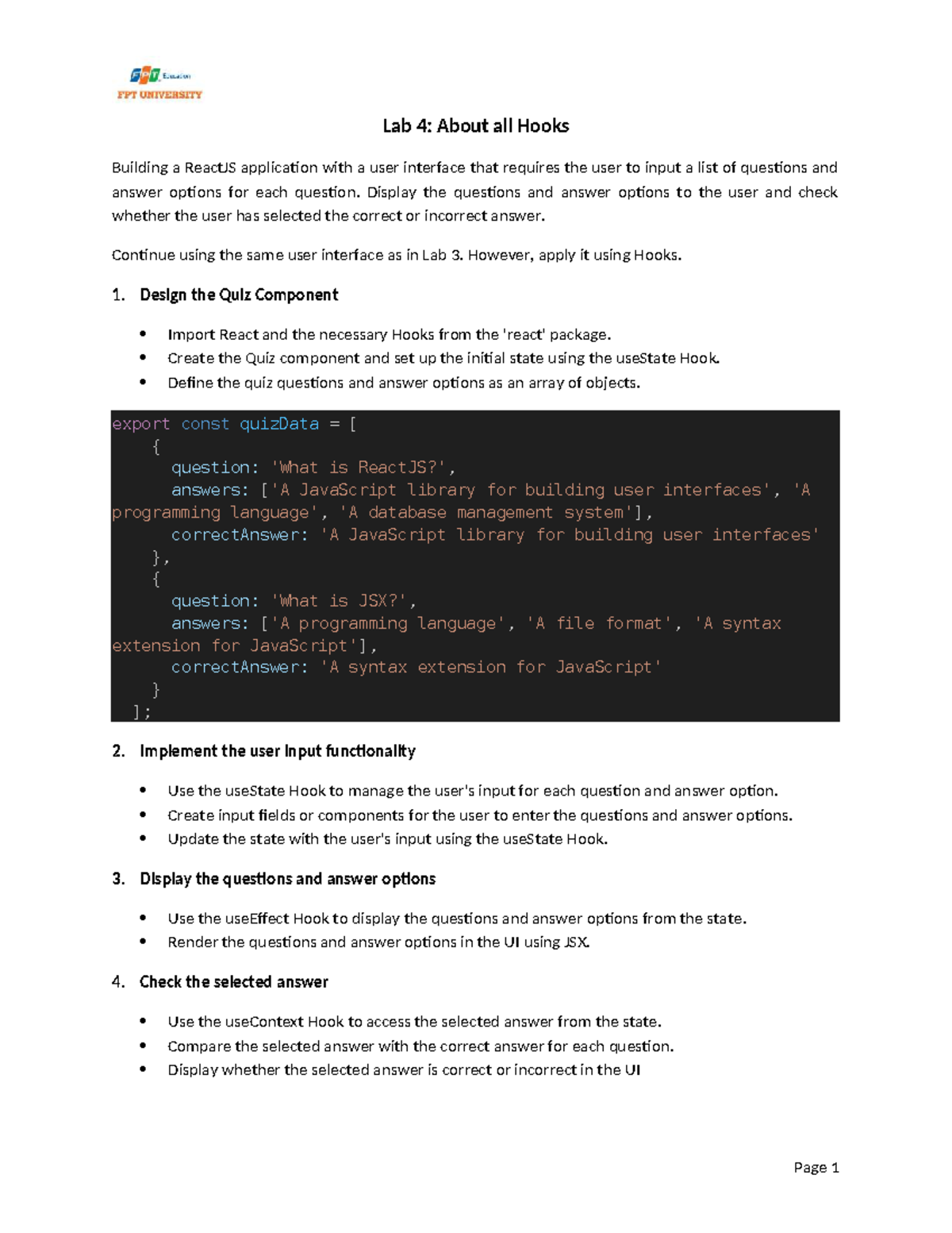 Lab 4: ReactJS Quiz Component with Hooks Implementation - Studocu