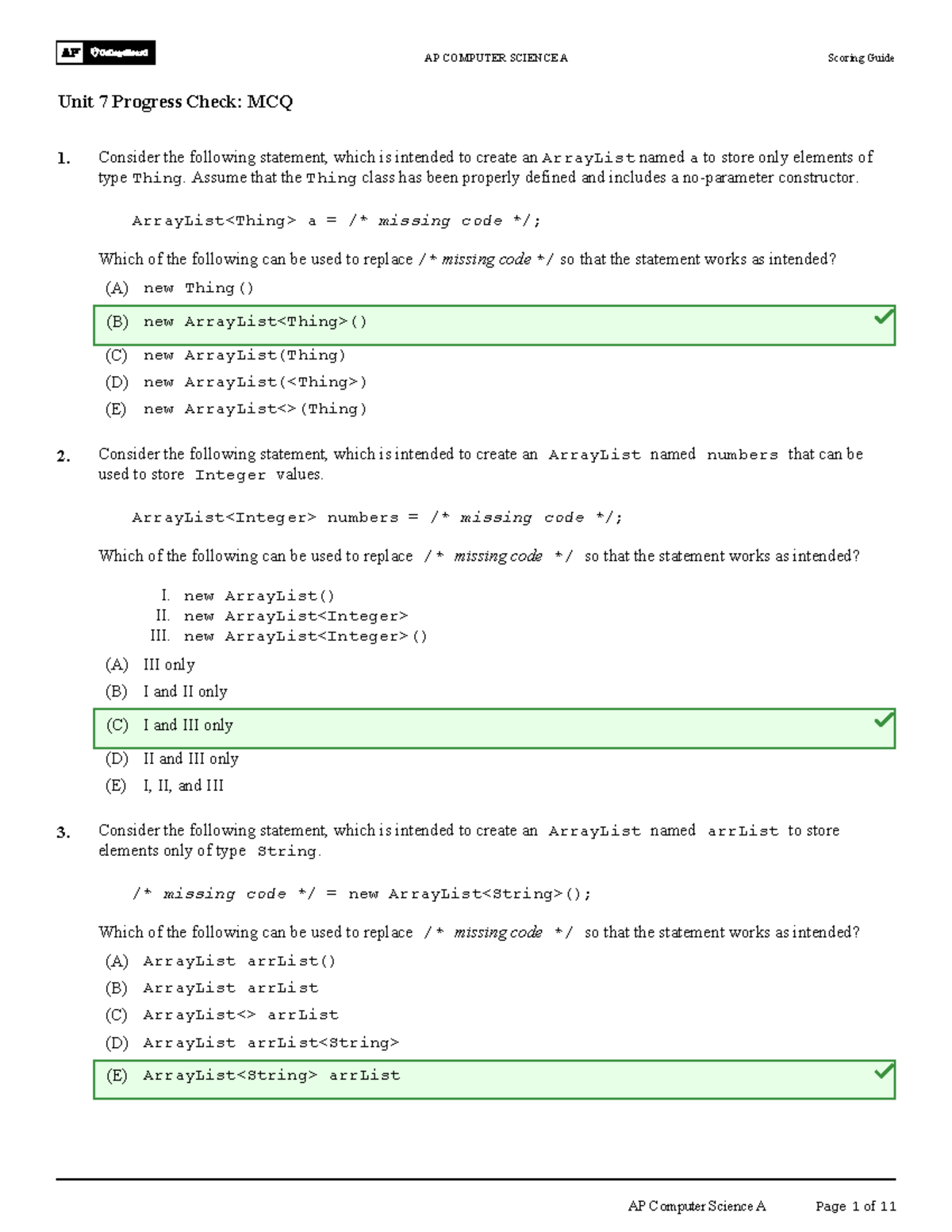 AP Computer Science A Unit 7 Progress Check: MCQ Scoring Guide - Studocu
