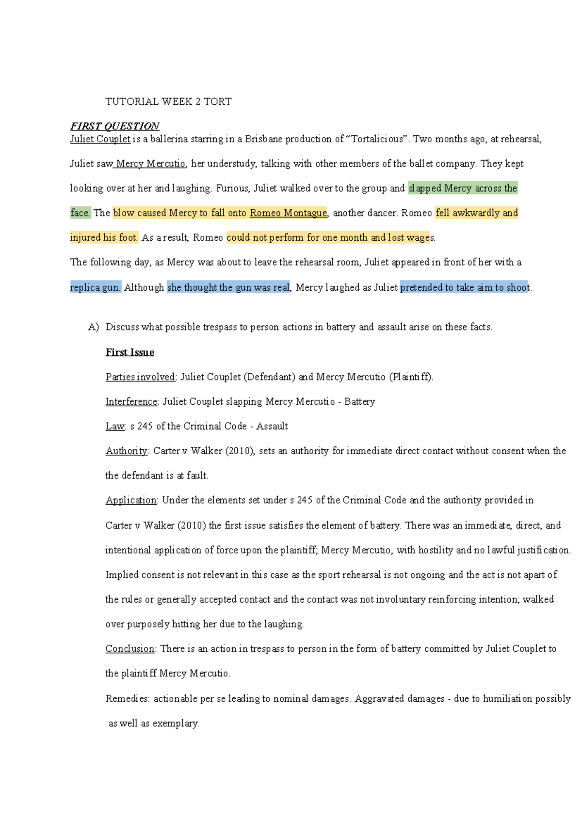 Tutorial Week 2 Tort: Battery and False Imprisonment Analysis - Studocu