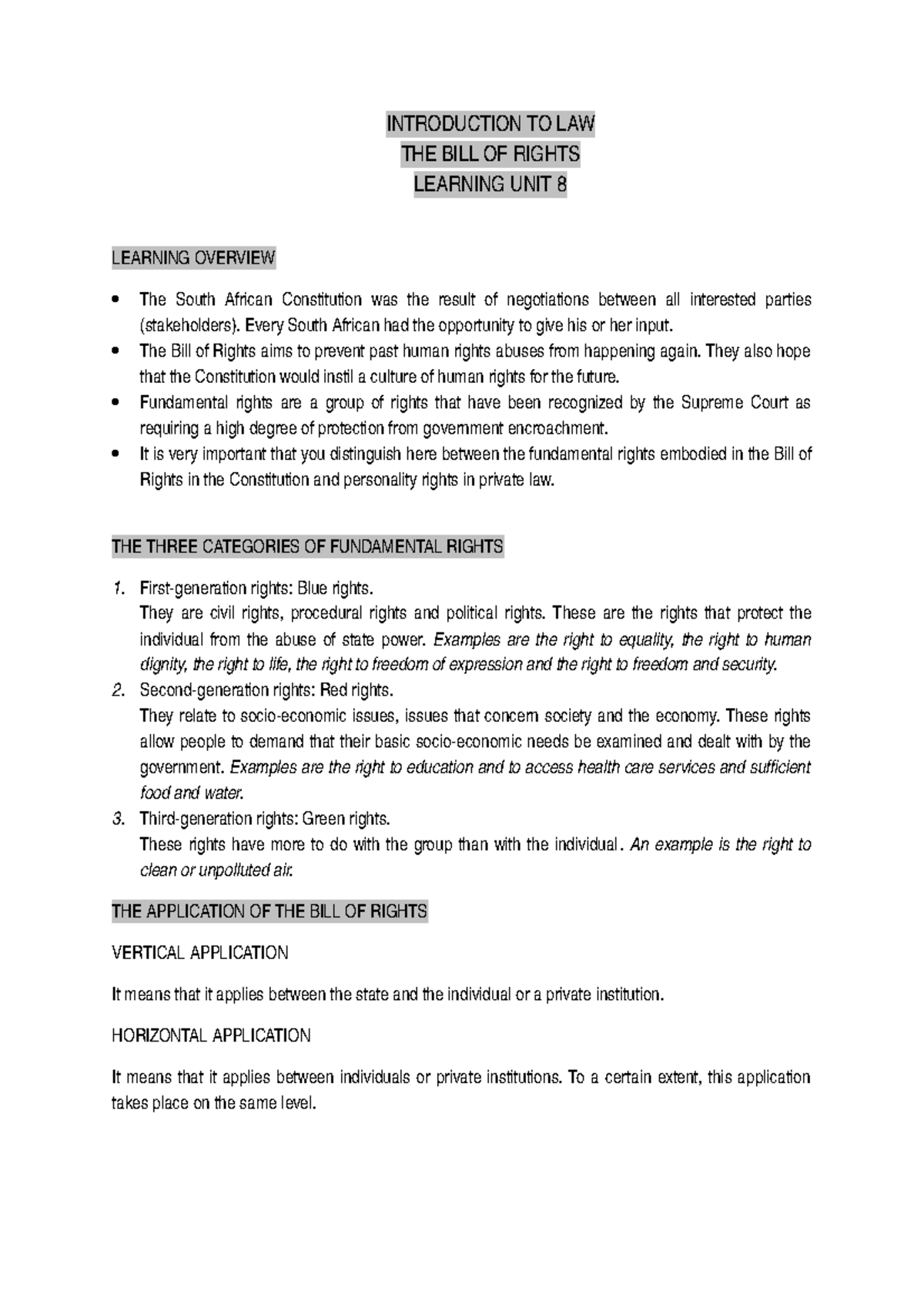 Unit 8: Introduction to Law and the Bill of Rights Overview - Studocu