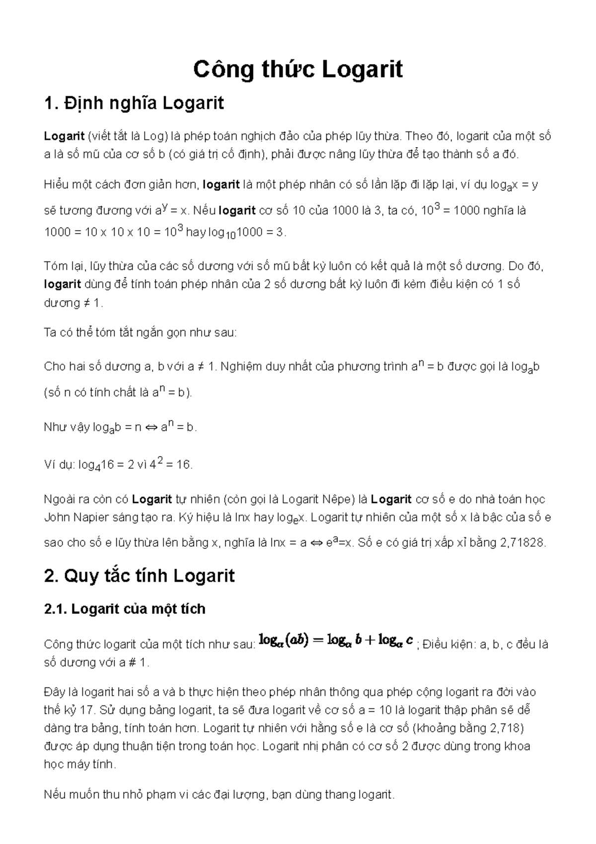 Công Thức Logarit: Định Nghĩa, Quy Tắc và Bài Tập (THPT) - Studocu