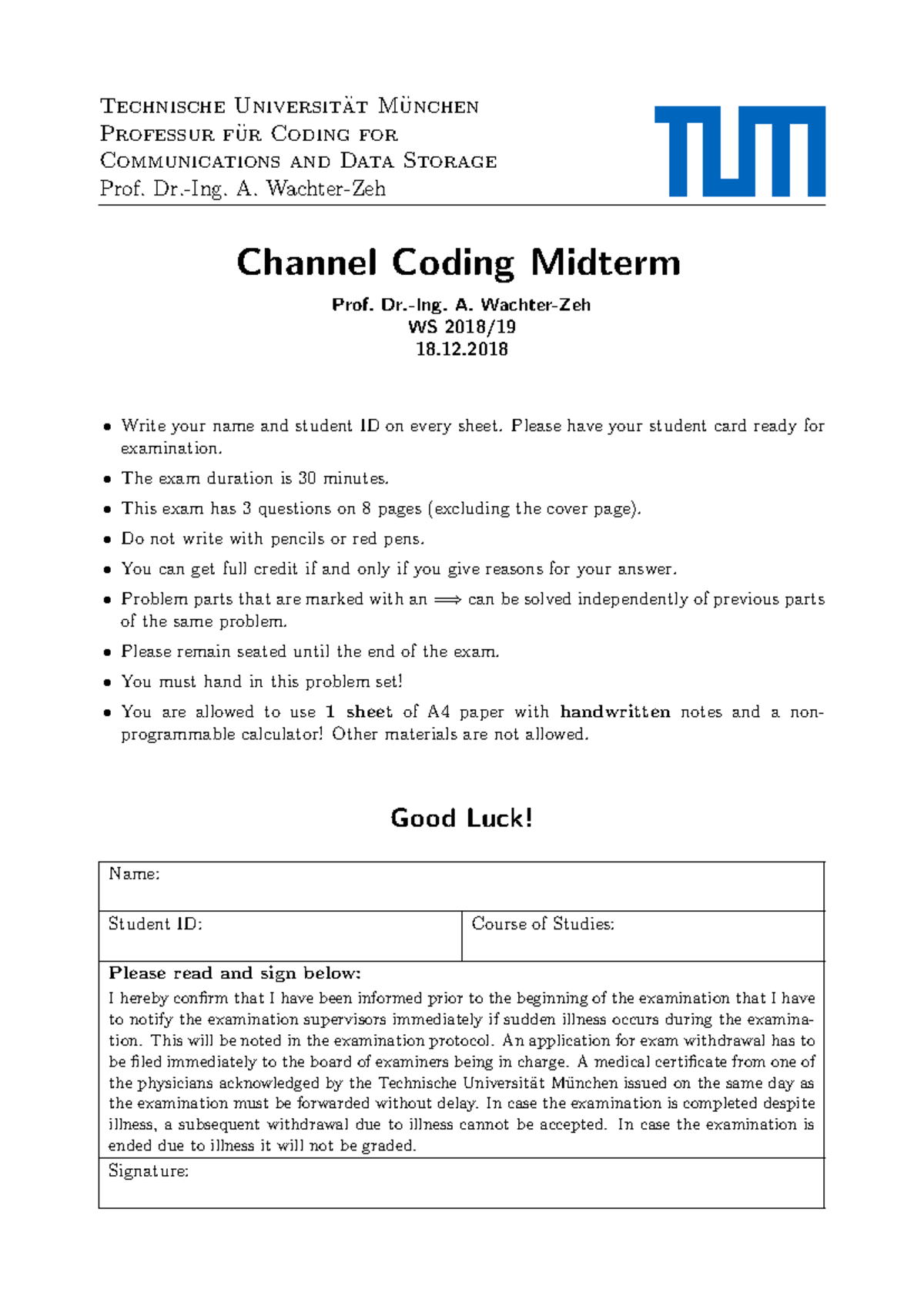 Midterm Exam WS 1819: Channel Coding Questions and Guidelines - Studocu