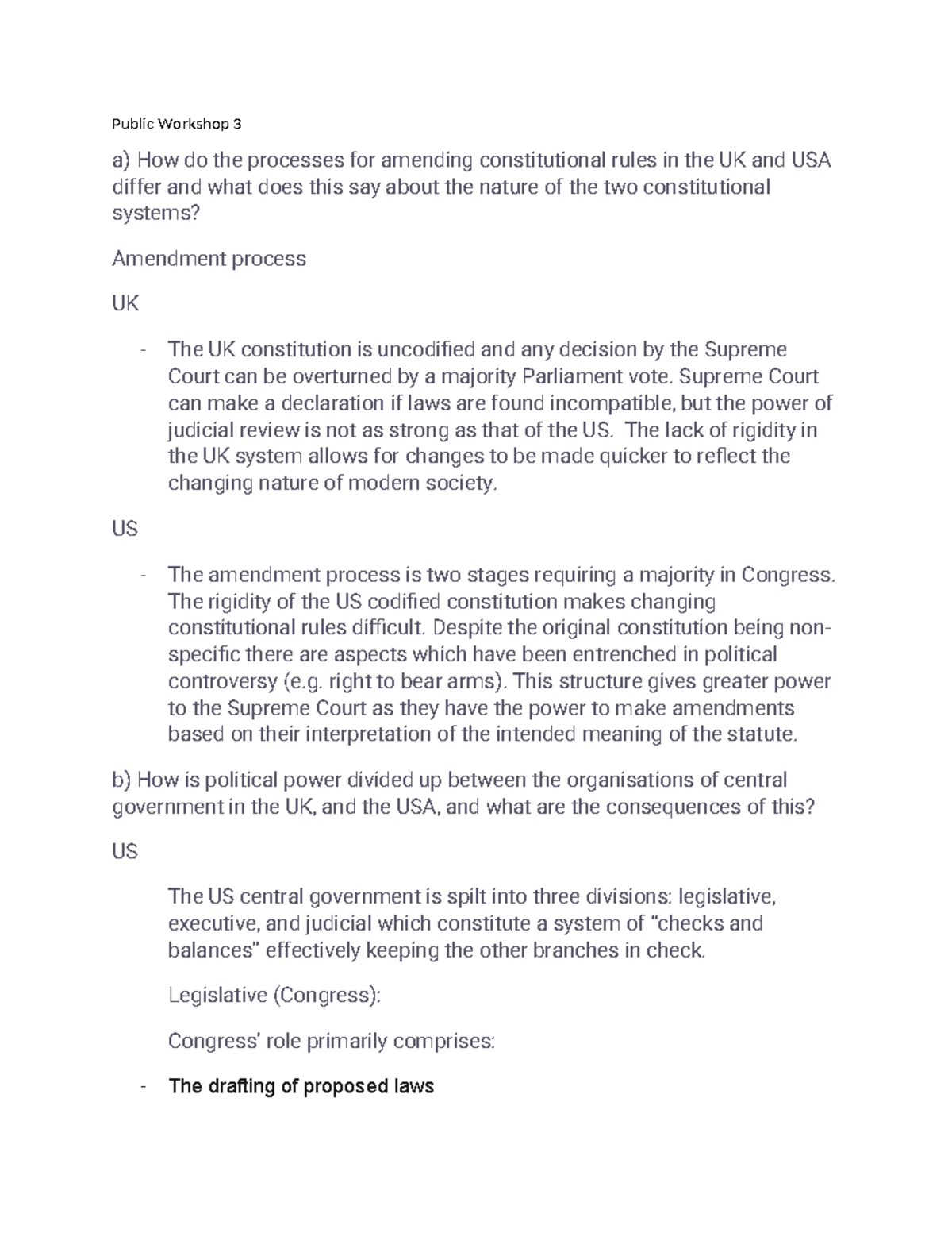 Public Workshop 3 - Notes on UK and US Constitutional Processes - Studocu