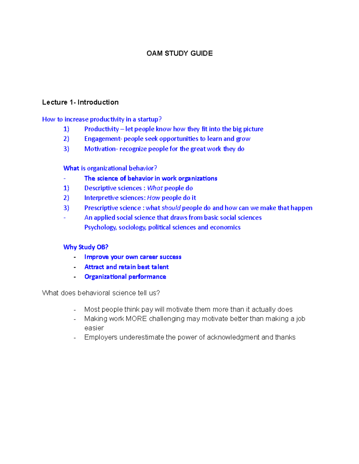 OAM 101 - Midterm Study Guide: Key Concepts in Organizational Behavior ...