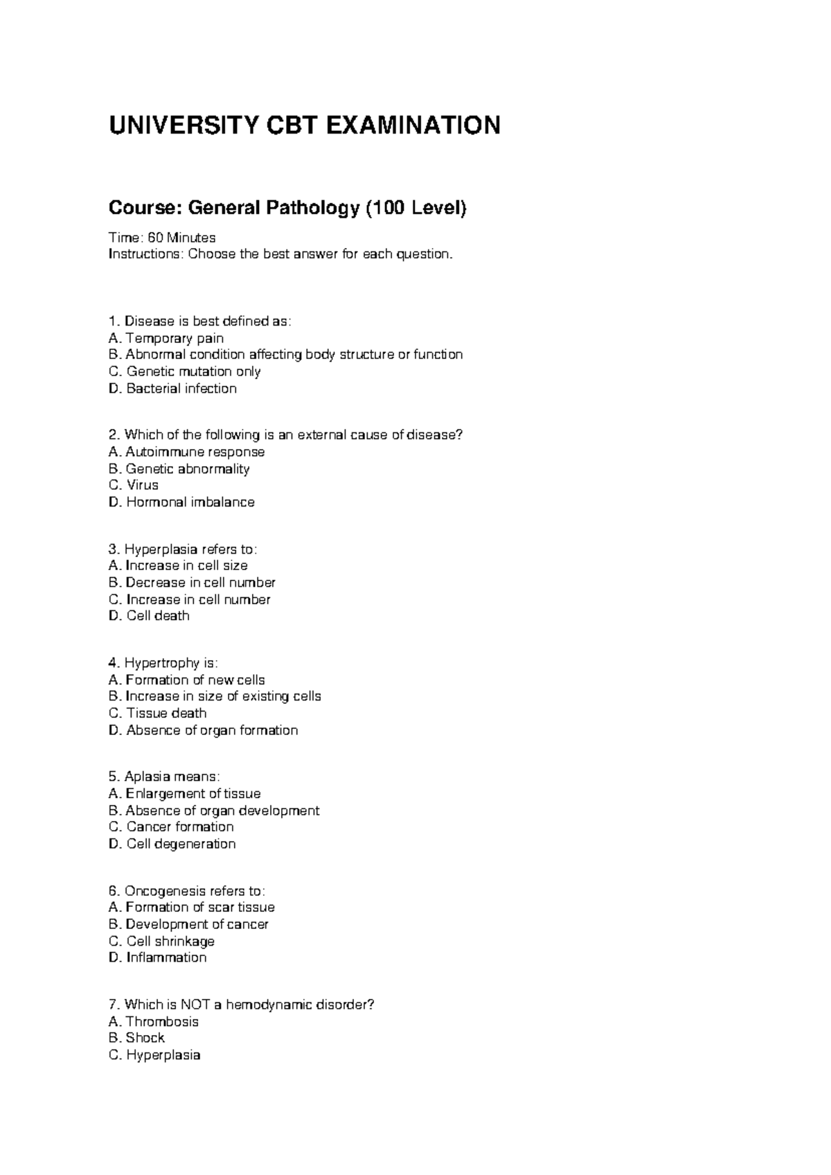100 Level General Pathology CBT Exam Questions and Answers - Studocu