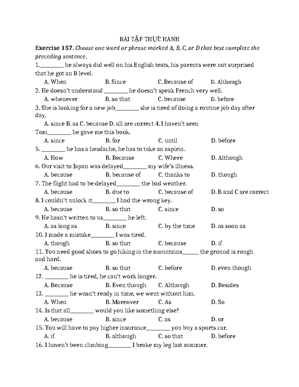 BÀI TẬP THỰC HÀNH: Exercise on Sentence Completion with "Because" - Studocu