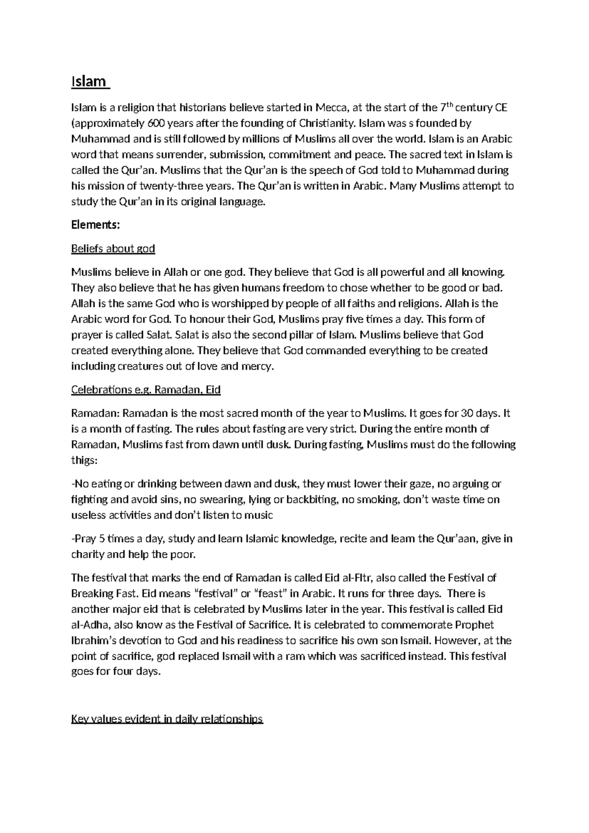 Islam Assignment: Key Concepts and Practices in Religion - Studocu