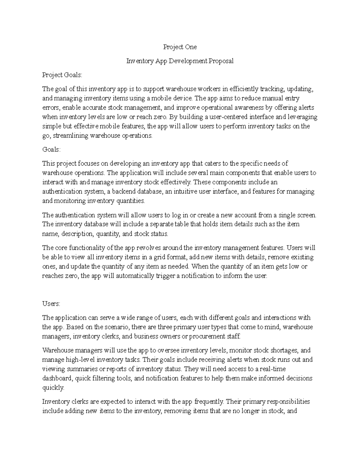 Project One Inventory App Development Proposal Overview Studocu