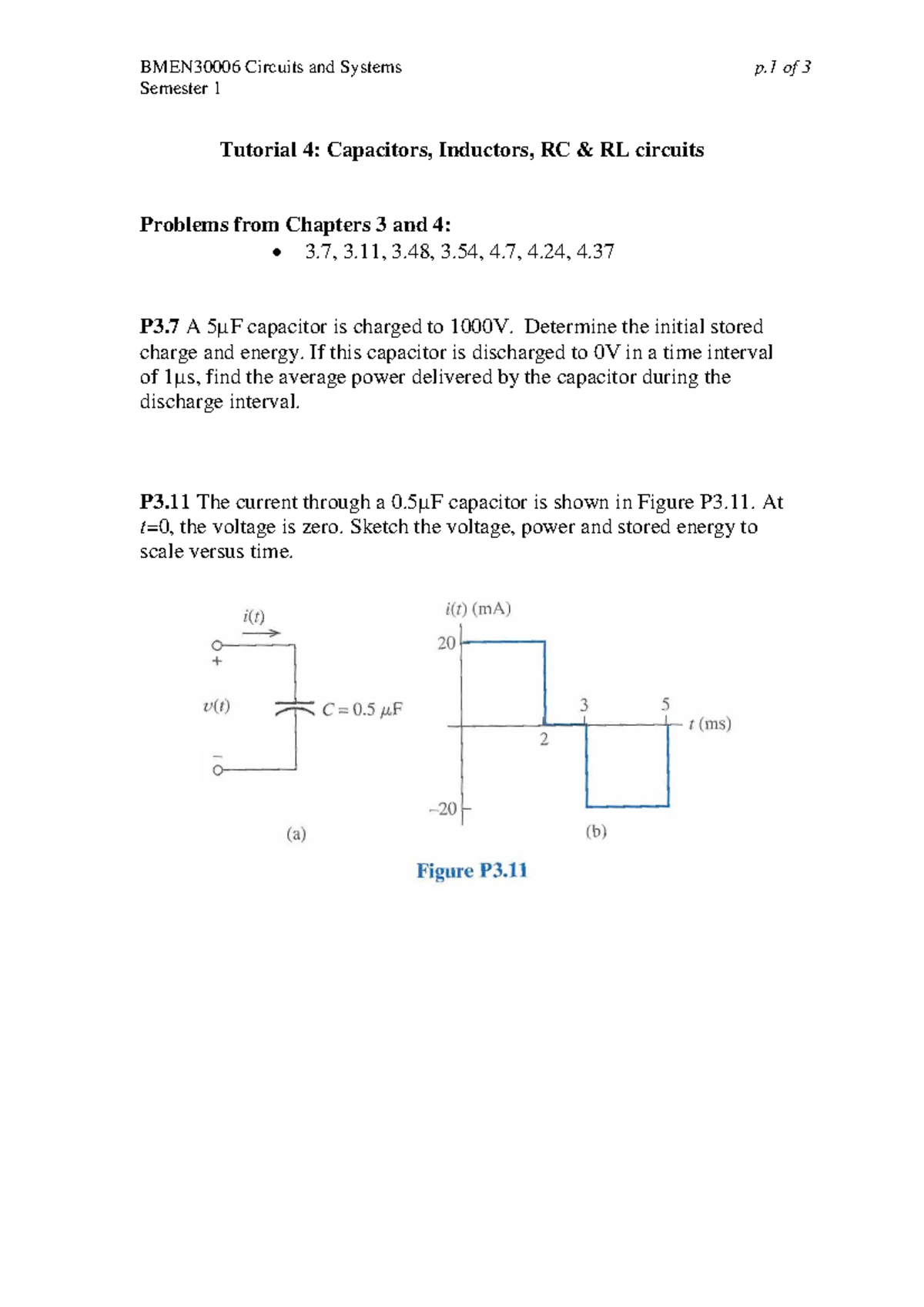 BMEN30006 Tutorial 4: Capacitors & Inductors Problems from Ch. 3 & 4 ...
