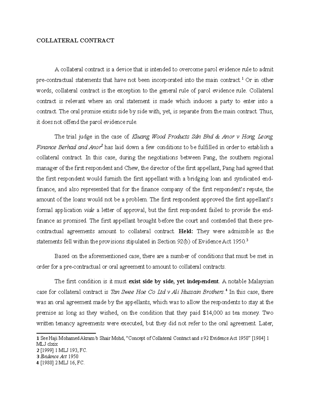 Collateral Contracts: Key Concepts and Case Studies Analysis - Studocu