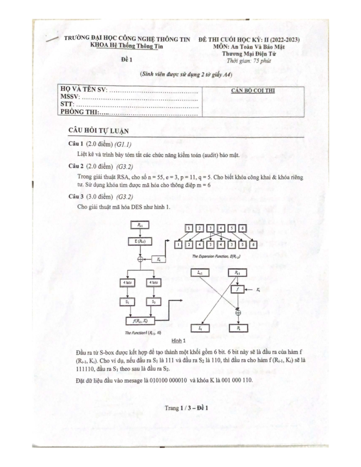 Đề Thi Cuối Kỳ II - An Toàn Và Bảo Mật Thương Mại - Môn: Hệ Thống Thông Tin - Document Preview