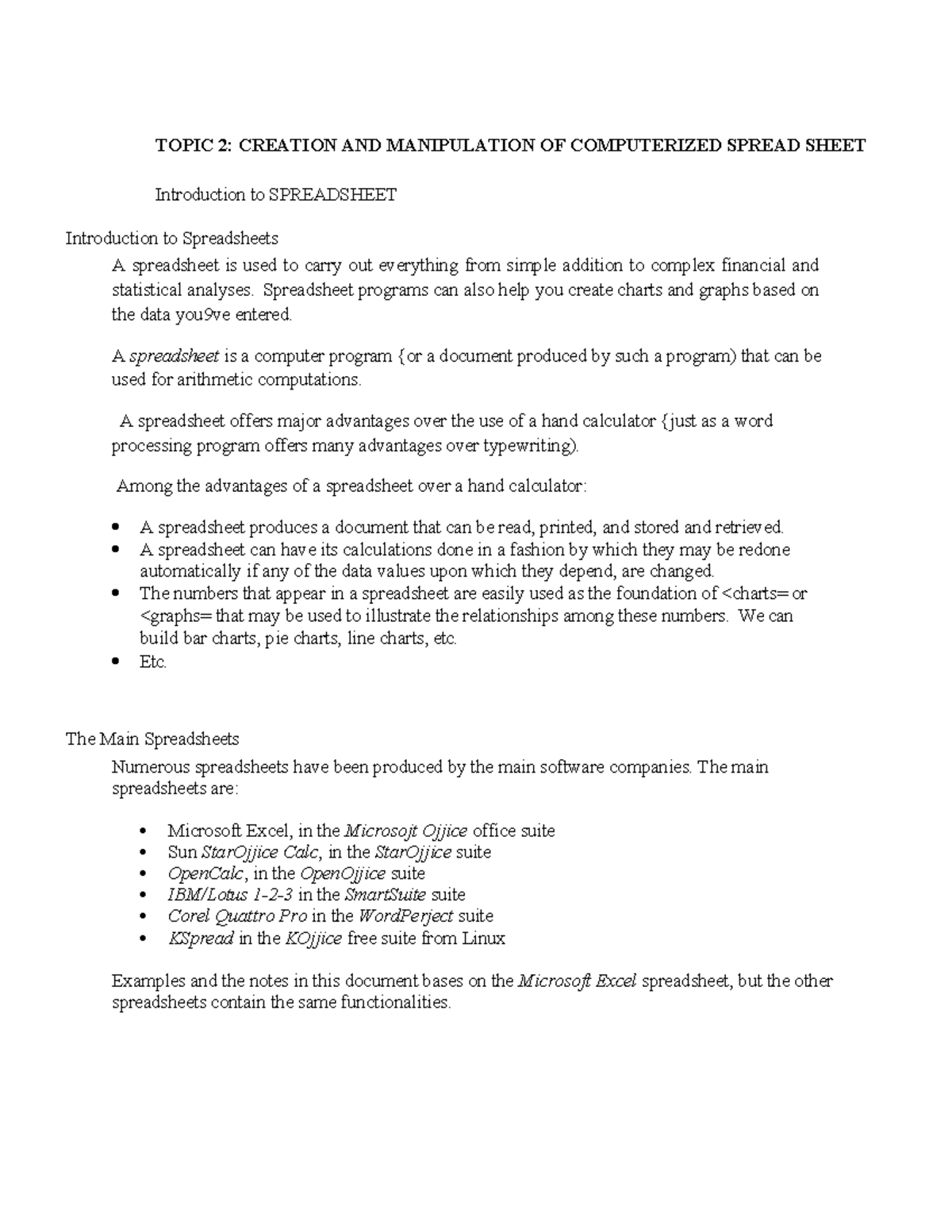 TOPIC 2: CREATION AND MANIPULATION OF COMPUTERIZED SPREADSHEET (NITA ...