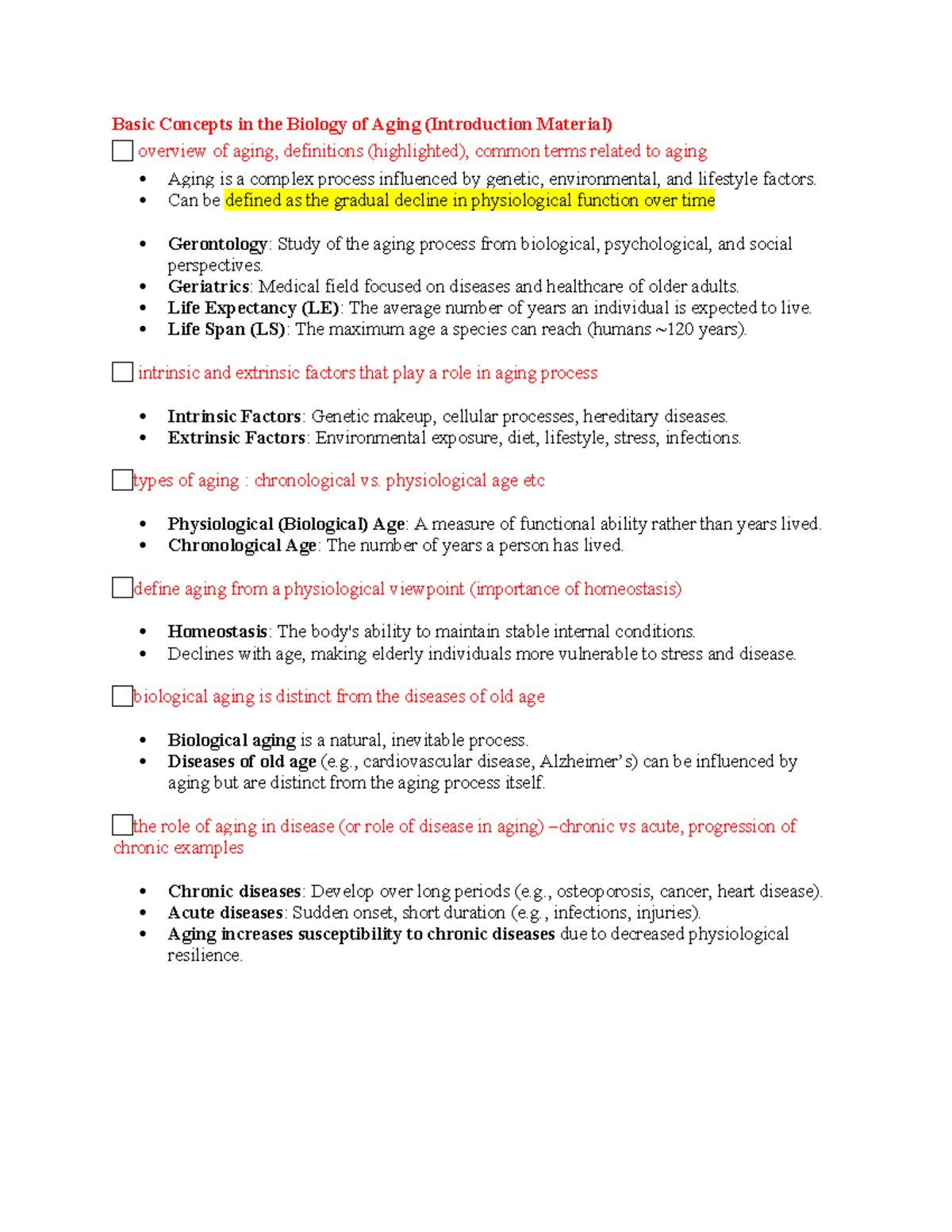 General concepts for biology of aging (BIO 101) midterm review - Studocu