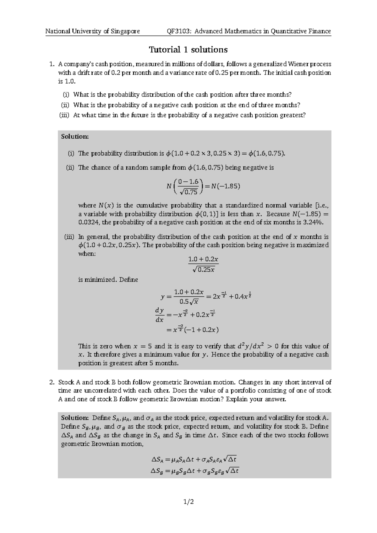 QF3103: Advanced Maths in Quantitative Finance - Tutorial 1 Solutions ...