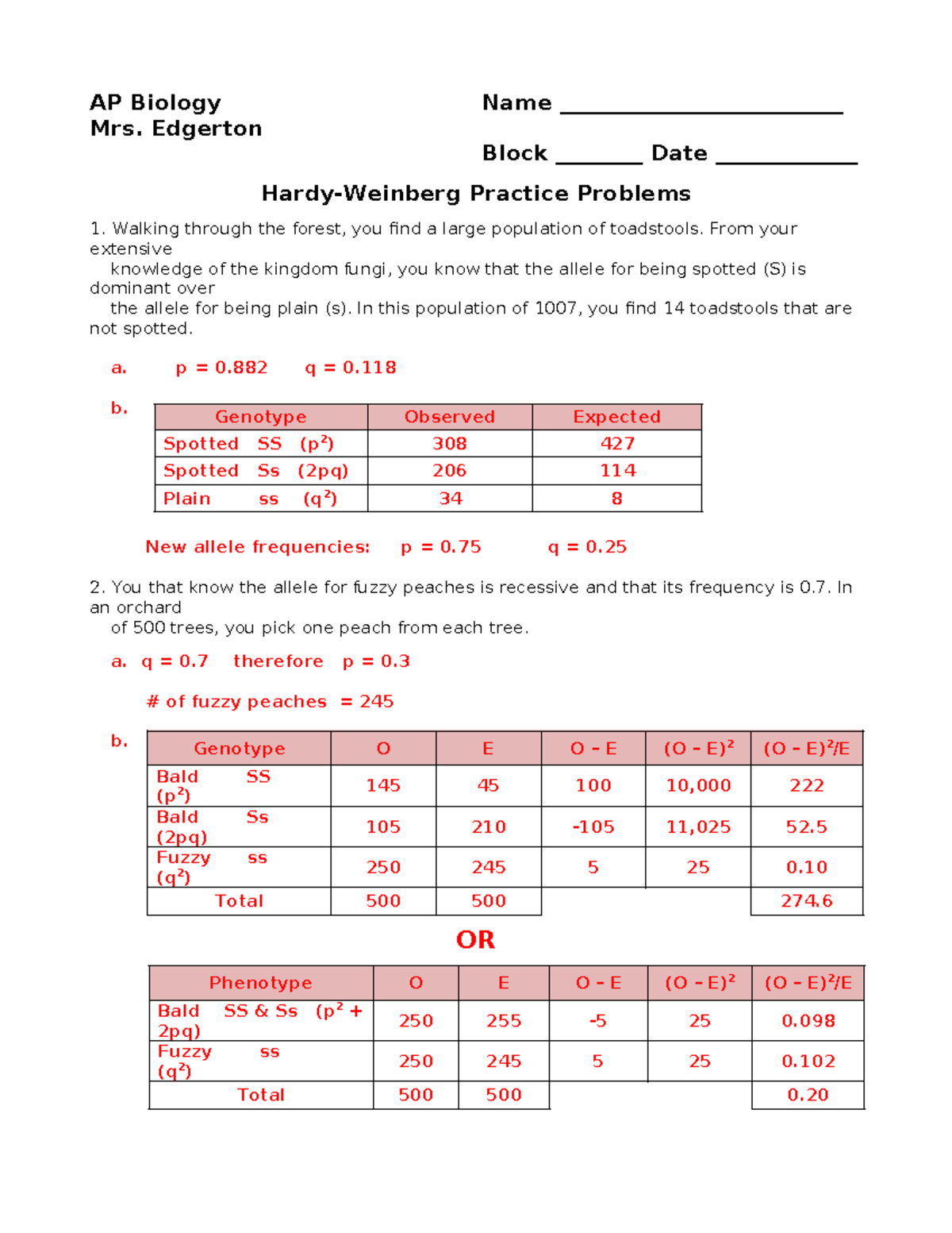 AP Biology: Hardy-Weinberg Practice Problems Key - Studocu