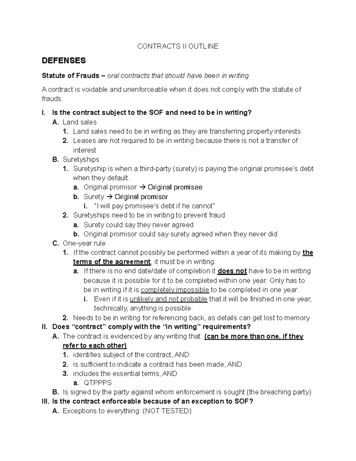 Contracts II Outline: Defenses and Statute of Frauds Analysis - Studocu