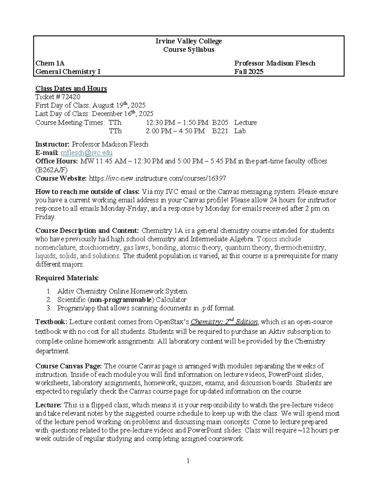 Chem 1A Syllabus: General Chemistry I - Fall 2025 at IVC - Studocu
