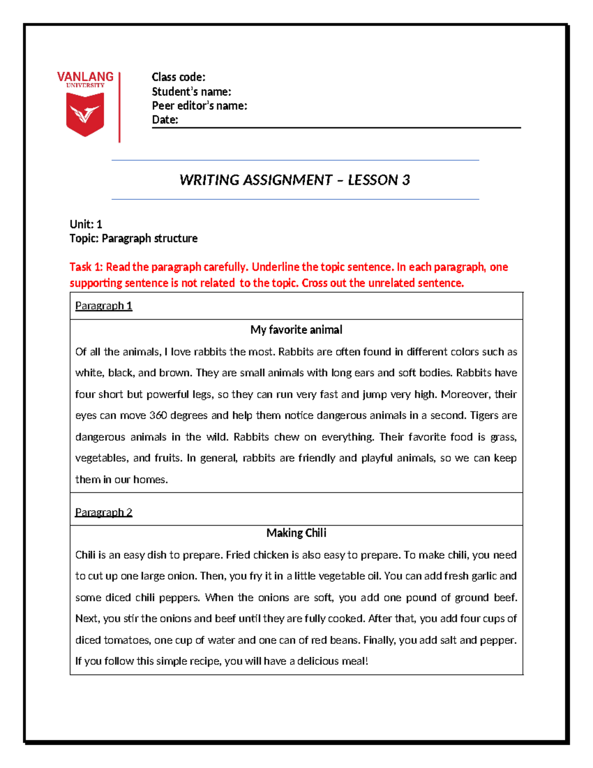 AVTC1-U1-Lesson 3: Writing Assignment on Paragraph Structure - Studocu
