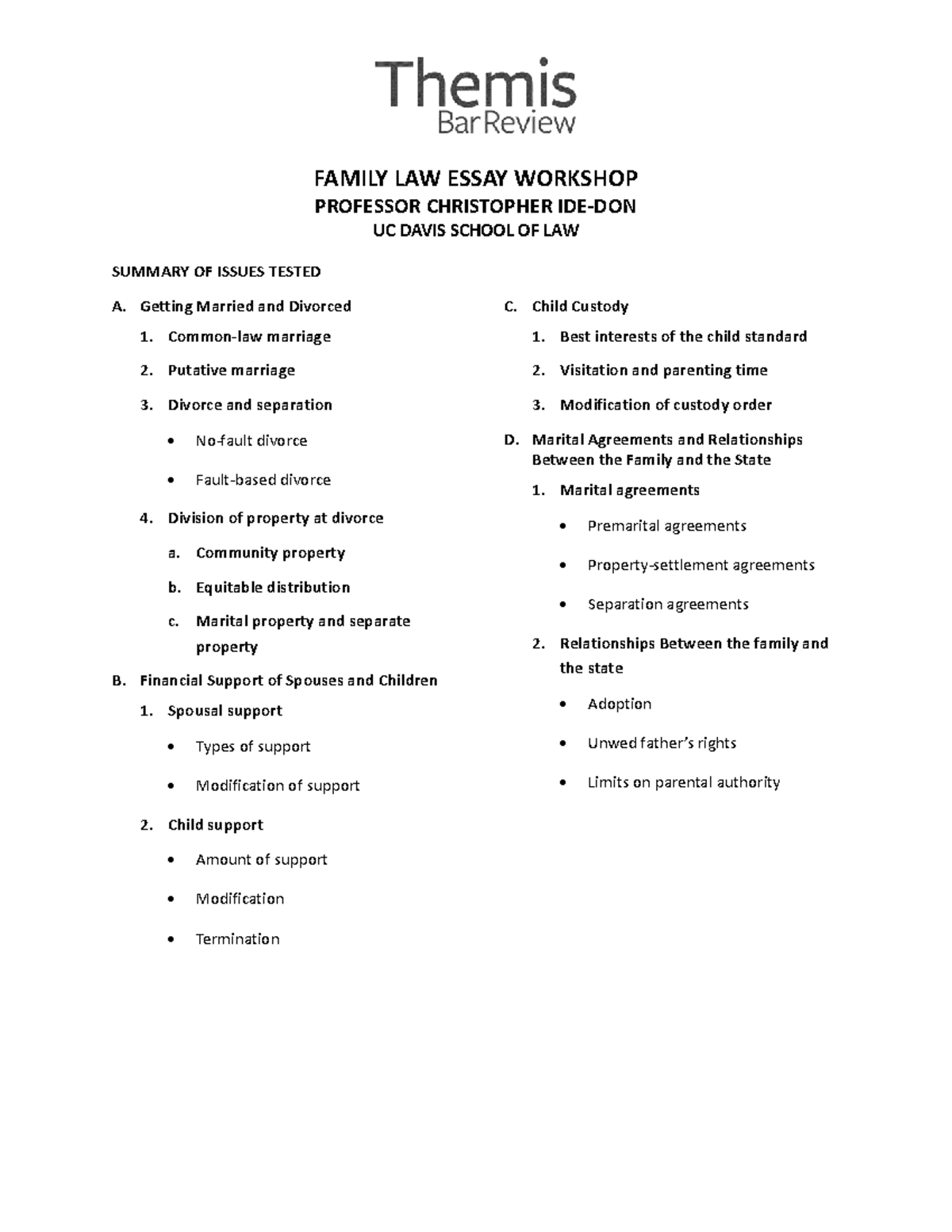 Family Law Essay Workshop Outline | UC Davis School of Law Summary of ...