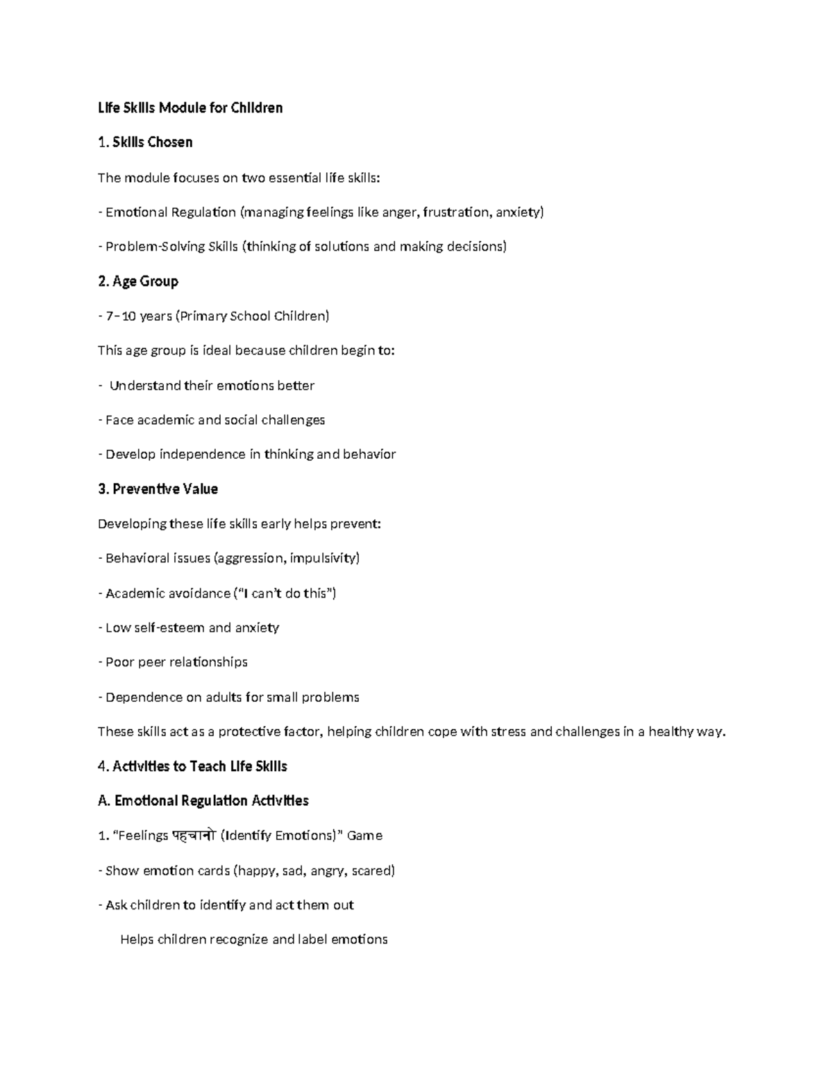 Life Skills Module for Children: Emotional Reg. & Problem Solving - Studocu