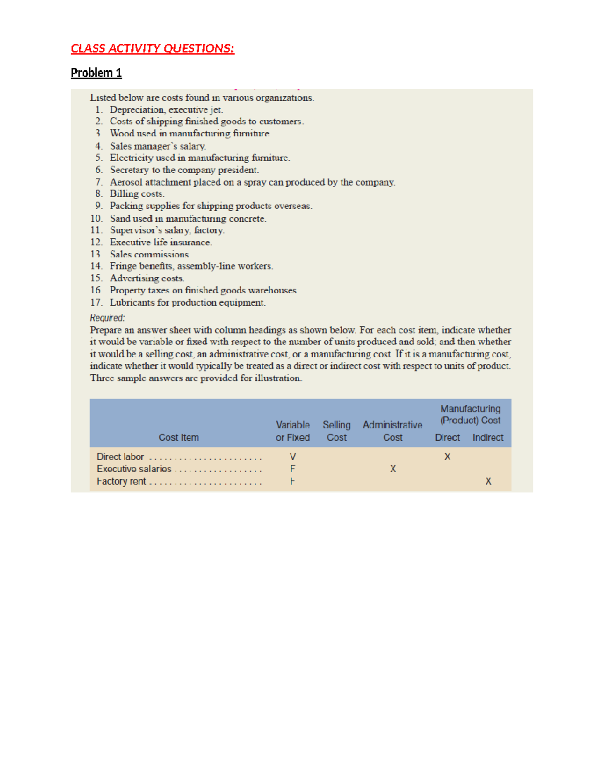 Class Activity Questions (Problems 1-6) Garrison Analysis and Solutions ...